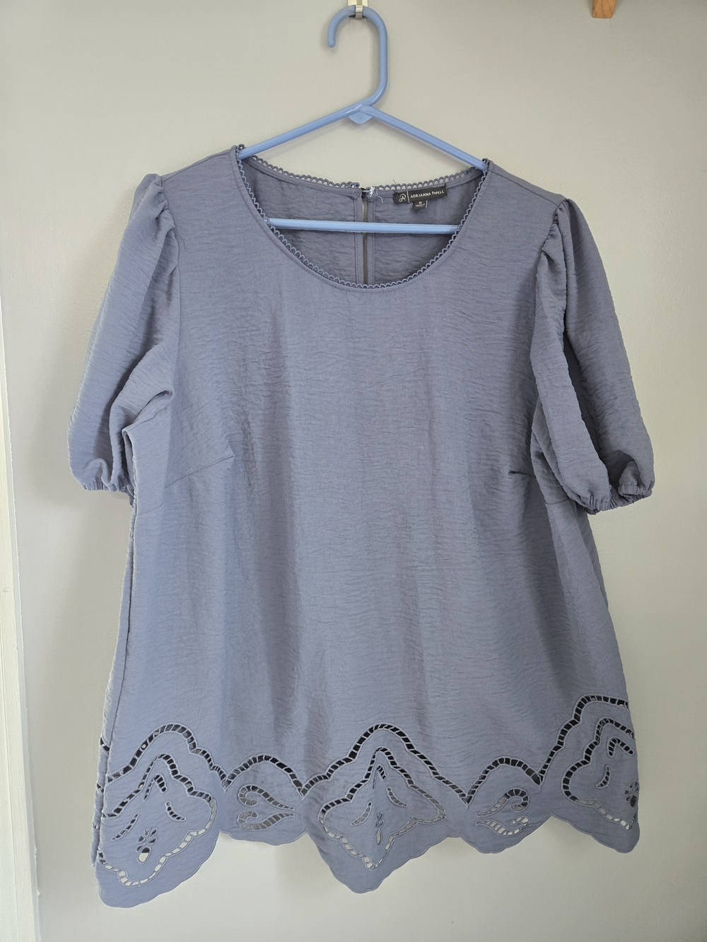 Adrianna Papell Light Blue Puff Sleeve Eyelet Hem Top